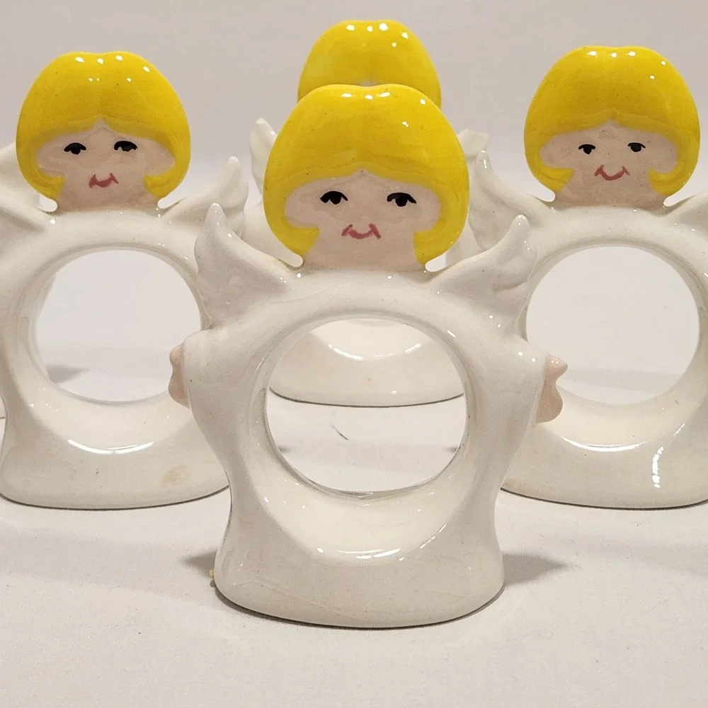 Vintage Ceramic Angel Napkin Rings Set of 8 Blonde Cherub Christmas White Yellow